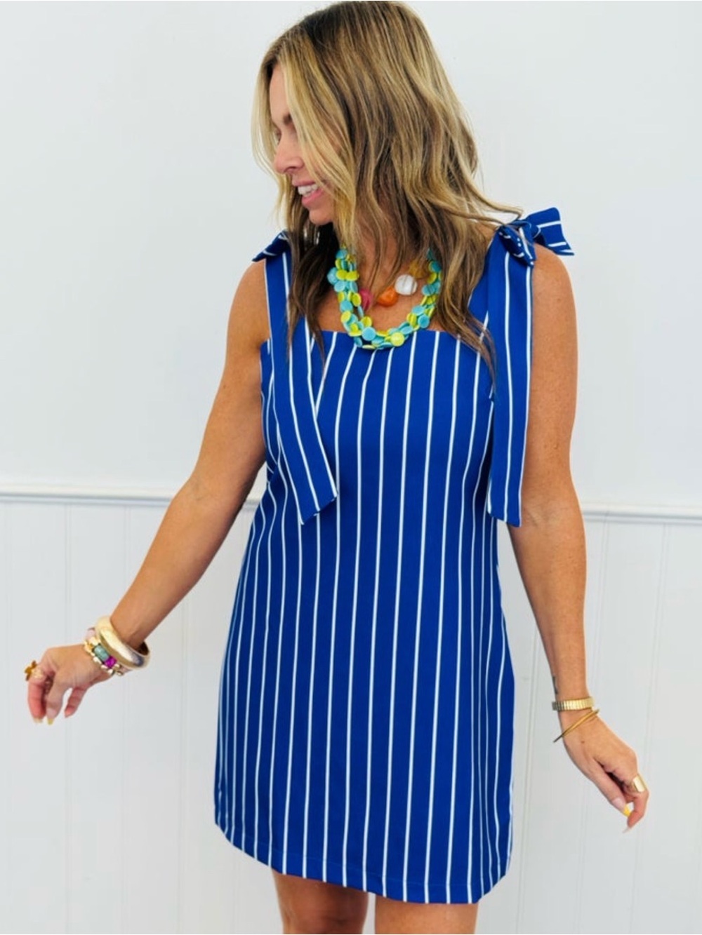 NWOT Glam Blue and White Striped Tie-Shoulder Mini Dress